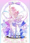  2girls aqua_hair ballet blue_flower blue_rose breasts chinese_commentary commentary_request cyrene_(demiurge)_(honkai:_star_rail) cyrene_(honkai:_star_rail) cyrene_(philia093)_(honkai:_star_rail) dress dual_persona flower high_heels highres honkai:_star_rail honkai_(series) long_hair medium_breasts miaogujun multicolored_hair multiple_girls pink_hair purple_eyes rose short_hair sideboob smile tutu two-tone_hair very_long_hair white_dress 