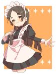  1girl apron black_shirt blunt_ends blush brown_eyes brown_hair collared_shirt frilled_apron frills gakuen_idolmaster hand_on_own_chest highres idolmaster juliet_sleeves kuramoto_china long_sleeves loose_hair_strand maid maid_apron maid_day maid_headdress outstretched_hand parted_bangs pleated_skirt puffy_sleeves raised_eyebrows shirt simple_background skirt sleeve_cuffs smile sukene_moon thick_eyebrows white_apron white_wrist_cuffs wrinkled_fabric wrist_cuffs 