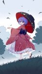  1girl absurdres artist_name back_bow black_bow black_sandals black_sash bow bowl bowl_hat chinese_commentary commentary_request day fafa falling_leaves full_body hat highres japanese_clothes kimono leaf long_sleeves looking_at_viewer obi outdoors purple_eyes purple_hair red_kimono sandals sash short_hair solo sukuna_shinmyoumaru touhou wide_sleeves 