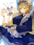  4girls absurdres alternate_costume animal_ears animal_hat blonde_hair blue_dress bow breasts brown_eyes brown_hair cat_ears chen closed_mouth commentary_request dress eneshi enmaided fox_tail hair_bow hat hat_ribbon head_only highres horn_ornament horn_ribbon horns kitsune large_breasts long_hair long_sleeves maid medium_hair mob_cap multiple_girls multiple_tails pantyhose red_bow red_ribbon ribbon sheep_horns signature solo_focus tail touhou toutetsu_yuuma translation_request white_hat white_pantyhose yakumo_ran yakumo_yukari yellow_eyes 