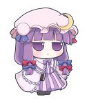  1girl :< blue_bow blush book bow bowtie capelet commentary_request crescent crescent_hat_ornament dounaga_nuko dress frilled_capelet frills full_body fumo_(doll) hair_bow hat hat_ornament highres holding holding_book long_hair mob_cap multiple_hair_bows patchouli_knowledge pink_capelet pink_dress pink_hat purple_bow purple_bowtie purple_eyes purple_hair red_bow simple_background solo striped_clothes striped_dress touhou transparent_background vertical-striped_clothes vertical-striped_dress 