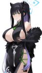  1girl absurdres animal_ear_fluff animal_ears bare_shoulders black_bridal_gauntlets black_dress black_hair blue_archive blue_halo blush breasts bridal_gauntlets closed_mouth colored_inner_hair commentary dress extra_ears fur_shawl green_eyes halo highres huge_breasts korean_commentary looking_at_viewer multicolored_hair purple_hair seueo shawl shun_(blue_archive) side_slit sideboob smile solo two-tone_hair 