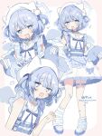  +_+ 1girl :o @_@ apron bandaid bandaid_on_knee bandaid_on_leg bare_shoulders bell belt belt_collar beret blue_belt blue_coat blue_collar blue_eyes blue_hair blue_halo blue_ribbon blue_shoes blush_stickers buttons cat_hair_ornament center-flap_bangs chest_harness claw_pose coat coat_partially_removed collar commentary_request commission crossed_bandaids dress fang fluffy_hair grid_print hair_ornament hairpin halo hand_up harness hat hat_with_ears highres leg_warmers long_sleeves looking_at_viewer medium_hair multiple_views napenasupe neck_bell open_mouth original outline print_apron puffy_long_sleeves puffy_sleeves ribbon sailor_collar shoes short_dress sidelocks skeb_commission sleeveless sleeveless_dress standing striped_leg_warmers thigh_strap translation_request two_side_up waist_apron white_dress white_hat white_leg_warmers white_outline white_sailor_collar 
