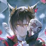  ambience_synesthesia animal_ears arknights asymmetrical_bangs black_gloves broken_mask brown_hair cat_boy cat_ears closed_mouth gloves glowing glowing_eyes hair_between_eyes highres holding holding_mask laurel_crown mask myluche official_alternate_costume phantom_(arknights) serious short_hair straight-on swept_bangs tragodia_(arknights) white_mask yellow_eyes 