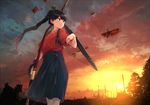  aircraft airplane biplane black_hair bow_(weapon) commentary_request houshou_(kantai_collection) japanese_clothes kantai_collection kimono looking_back matsutani pantyhose ponytail power_lines skirt sky solo sunset weapon 