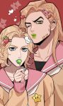  2boys 3kyu4ever absurdres alternate_costume beard blonde_hair blue_eyes blue_lips blue_nails brown_cardigan candy cardigan commentary_request crossdressing crossdressing_(mtf) facial_hair food food-themed_hair_ornament green_eyes green_lips gyro_zeppeli hair_ornament hairclip heart heart_hair_ornament highres johnny_joestar jojo_no_kimyou_na_bouken lollipop long_hair luma_(mario) makeup male_focus mario_(series) mouse_hair_ornament multiple_boys one_eye_closed pink_sailor_collar sailor_collar school_uniform star_(symbol) star_ornament steel_ball_run strawberry_hair_ornament stuffed_animal stuffed_toy teddy_bear 