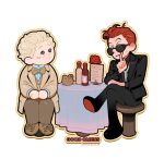  2boys aziraphale_(good_omens) black_jacket black_pants bottle brown_jacket brown_pants brown_shoes chibi chibi_only copyright_name crowley_(good_omens) flower full_body good_omens highres jacket male_focus multiple_boys n0re69 pants red_flower red_hair red_rose rose shoes simple_background sunglasses table white_background wine_bottle yellow_eyes 