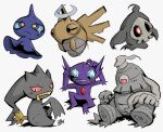  24guyh banette blue_sclera colored_sclera commentary_request cyclops dusclops duskull gem_eyes ghost ghost_type_theme_(pokemon) halo no_humans one-eyed pokemon pokemon_(creature) pokemon_focus red_sclera sableye shedinja shuppet simple_background single_tear sitting white_background yellow_pupils zipper 