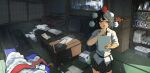  1010kman 1girl black_hair book bookshelf couch hat highres indoors katana medium_hair paper pom_pom_(clothes) red_eyes red_hat shadow shameimaru_aya shirt solo sword table tokin_hat touhou weapon weapon_rack white_shirt 
