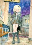 1girl absurdres bag bench black_jacket blonde_hair blush bone_71 boots building city cup drinking drinking_straw exit_sign full_body green_eyes hair_ornament hairclip handbag highres holding holding_cup jacket long_sleeves miniskirt neckerchief night outdoors oversized_clothes painting_(medium) plaid_clothes plaid_skirt power_lines purple_sky railing sailor_collar school_uniform short_hair sign skirt sky soft_colors solo standing textured_background thighhighs traditional_media train_station watercolor_(medium) 