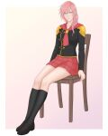  1girl akademeia_uniform aqua_eyes armor black_jacket black_socks cape chair closed_mouth commentary_request double-parted_bangs final_fantasy final_fantasy_type-0 final_fantasy_xiii gradient_background hair_between_eyes highres jacket kneehighs light_smile lightning_farron loafers long_hair long_sleeves looking_at_viewer pink_background pink_hair plaid_clothes plaid_skirt red_cape red_skirt school_uniform shoes shoulder_armor simple_background sitting skirt smallspoonsalt smile socks solo wooden_chair 