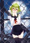  absurdres ahoge bangs black_legwear black_skirt blue_sky chain-link_fence cloud covered_mouth covering_mouth cowboy_shot cross day fence glasses green_eyes green_hair gumi hair_between_eyes hand_to_own_mouth highres long_sleeves looking_at_viewer maorzshu midriff miniskirt pleated_skirt red-framed_eyewear red_ribbon ribbon school_uniform serafuku shirt short_hair short_hair_with_long_locks sidelocks skirt skirt_lift sky solo thigh_gap thighhighs upskirt vocaloid white_shirt wind zettai_ryouiki 