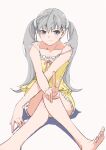  1girl barefoot breasts camisole cleavage commentary_request convenient_leg crossed_arms crossed_legs frilled_camisole frills full_body grey_eyes grey_hair highres light_smile long_hair monogatari_(series) oikura_sodachi pink_ribbon ribbon shoulder_strap simple_background sitting strap_slip twintails usa003uni v white_background yellow_camisole 