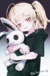  1girl :3 ahoge black_hoodie black_ribbon blonde_hair button_eyes buttons commentary earrings english_commentary english_text fang hair_between_eyes hair_ribbon highres holding holding_stuffed_toy hood hoodie hugging_doll hugging_object jewelry light_blush looking_at_viewer medium_hair omote_m0nl original red_eyes ribbon short_sleeves side_ponytail simple_background single_earring solo stuffed_animal stuffed_rabbit stuffed_toy 