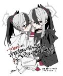  2girls black_choker black_hair black_hoodie black_shirt blue_archive blush choker collarbone commentary_request demon_horns double-parted_bangs dual_persona from_side frown grey_hair grey_halo hair_between_eyes halo hand_on_another's_cheek hand_on_another's_face hands_in_pockets highres hood hood_down hoodie horns hug kayoko_(blue_archive) long_hair long_sleeves looking_at_viewer multicolored_hair multiple_girls oomori_(kswmr) ponytail print_hoodie red_eyes shirt sidelocks signature simple_background smile streaked_hair translation_request turning_head white_background white_hoodie 