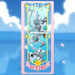  black_eyes blue_background card_(medium) cardcaptor_sakura cherry_blossoms clear_card cloud english_text evolutionary_line highres klang klink klinklang open_mouth parasolladyansy parody pokemon pokemon_(creature) 