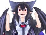  1girl bat_wings black_bow black_hair bow chest_eye hair_bow hair_flaps long_hair open_mouth pointy_ears reiuji_utsuho simple_background solo starry_sky_print tenamaru third_eye touhou white_background wings 