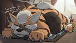 16:9 2026 3_toes 5_fingers abdominal_bulge absurd_res akins almost_fully_inside ambiguous_anthro ambiguous_feral ambiguous_gender ambiguous_pred ambiguous_prey anthro anthro_prey arcanine artist_name begging black_body black_fur bodily_fluids bowl canid canine cel_shading claws container dated day dialogue digestion_noises digital_drawing_(artwork) digital_media_(artwork) fangs feet feral feral_pred fingers fluffy fluffy_tail fur furniture generation_1_pokemon glorp group gurgle_(sound_effect) headpat hi_res inside larger_feral larger_pred light light_beam lying_on_ground mammal multiple_prey nintendo on_ground one_eye_closed oral_vore orange_body orange_fur pet_bowl pokemon pokemon_(species) rug saliva shaded size_difference smaller_anthro sofa sound_effects striped_body striped_fur stripes tail tan_body tan_fur teeth text toes trio unseen_prey unwilling_prey vore widescreen window