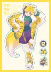  1boy :d animal_kagamine_len_design_contest animal_print arm_up belt black_hat black_nails black_shorts blonde_hair coat english_text fangs fingernails food fruit grapes green_eyes green_outline green_sweater hat highres kagamine_len leaning_forward leg_up leg_warmers long_fingernails long_sleeves looking_at_viewer male_focus mege_(megechan) open_mouth outline patterned_background print_sweater shoes short_hair shorts simple_background sleeves_past_wrists smile sneakers sweater tiger_boy tiger_print tiger_print_belt tiger_print_coat tiger_print_leg_warmers vocaloid yellow_background yellow_shoes 