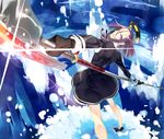  bad_id bad_pixiv_id bare_legs dress gloves kantai_collection lens_flare mechanical_halo oriharaizaya819 purple_eyes purple_hair ribbon sea_spray short_hair solo tatsuta_(kantai_collection) water weapon 