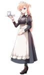  1girl apron araragi_ayune black_dress blonde_hair blue_eyes boots braid breasts brown_boots closed_mouth commentary_request dress enmaided full_body holding isshiki-san_wa_koi_wo_shiritai. juliet_sleeves large_breasts long_dress long_hair long_sleeves looking_at_viewer maid maid_apron maid_headdress pelvic_curtain puffy_sleeves rinna_milford simple_background smile solo standing tachi-e tea_set white_apron white_background 