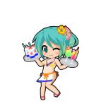  1girl apron aqua_eyes bikini black_outline blue_trim blush bow breasts chibi chibi_only cleavage closed_mouth drink flower food footwear_bow front-tie_bikini_top front-tie_top full_body game_asset gradient_hair green_hair hair_flower hair_ornament hatsune_miku hatsune_miku_graphy_collection hibiscus holding holding_tray knees_together_feet_apart looking_at_viewer multicolored_hair navel one_eye_closed orange_trim outline ponytail sandals shaved_ice smile solo standing stomach swimsuit tan tanlines transparent_background tray vocaloid waist_apron waitress white_apron yellow_bikini 