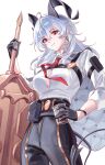  1girl absurdres black_gloves black_horns black_jacket black_pants breasts button_gap chest_harness chinese_commentary closed_mouth commentary_request cowboy_shot cup curled_horns demon_tail drinking_glass earrings gloves grey_hair harness highres holding holding_cup holding_sword holding_weapon horns hundun_hdun jacket jacket_on_shoulders jewelry key_earrings long_hair medium_breasts necktie pants red_eyes red_necktie shirt solo sword tail weapon white_shirt wuthering_waves zani_(wuthering_waves) 