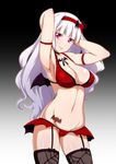  adapted_costume armpits arms_up bikini blush breasts cameltoe garter_straps hairband idolmaster idolmaster_(classic) jabara_tornado large_breasts long_hair looking_at_viewer midriff my_dear_vampire navel red_eyes shijou_takane silver_hair smile solo spider_web_print swimsuit tattoo thighhighs 