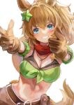 1girl animal_ears armband bandana bandeau bare_shoulders blue_eyes blush breasts brown_gloves brown_hair cleavage colt_single_action_army commentary_request cowboy_hat double_finger_gun finger_gun gloves green_armband green_bandeau grin gun hair_ornament hat hat_on_back highres holstered horse_ears horse_girl horse_tail large_breasts long_hair looking_at_viewer midriff navel open_mouth ponytail red_bandana revolver sheriff_badge skirt smile solo star_(symbol) star_hair_ornament taiki_shuttle_(umamusume) taiki_shuttle_(wild_frontier)_(umamusume) tail teeth umamusume weapon yoshiaki_(yosiaki_ml) 