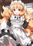  1girl alternate_costume animal_ears apron apron_hold back_bow black_dress blonde_hair blush bow bowtie commentary_request dress enmaided fox_ears fox_tail frilled_dress frills hat highres juliet_sleeves kitsune long_sleeves maid maid_apron maid_headdress medium_hair multiple_tails open_mouth puffy_sleeves ruu_(tksymkw) shouji sliding_doors smile solo tail touhou white_apron white_bow white_bowtie yakumo_ran yellow_eyes 