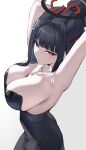  1girl absurdres armpits bead_necklace beads black_dress black_hair black_halo blue_archive braid braided_base breasts bun_with_braided_base dress hair_bun hair_ornament hairclip halo hand_up highres jewelry katagiri_nanoka large_breasts long_hair multicolored_halo necklace official_alternate_hairstyle party_dress pearl_necklace red_eyes ringed_eyes rio_(blue_archive) rio_(dress)_(blue_archive) two-tone_halo 