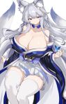  1girl animal_ear_fluff animal_ears azur_lane bare_shoulders blue_kimono breasts bug butterfly cleavage commentary_request fox_ears fox_girl fox_tail hair_ornament highres huge_breasts japanese_clothes kesseil kimono kitsune large_breasts long_hair looking_at_viewer shinano_(azur_lane) sitting skirt solo tail thighhighs thighs very_long_hair white_hair white_thighhighs 
