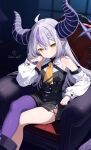  1girl ahoge ankle_cuffs black_dress black_horns braid braided_bangs chair chest_harness commentary_request cross-laced_slit demon_girl demon_horns detached_sleeves double-parted_bangs dress grey_hair harness highres hololive horns la+_darknesss la+_darknesss_(1st_costume) long_hair long_sleeves looking_at_viewer multicolored_hair neckerchief on_chair pantyhose pointy_ears purple_pantyhose purple_streaks short_dress side_slit single_hair_streak single_leg_pantyhose sitting sleeveless sleeveless_dress slit_pupils solo streaked_hair striped_horns tail toketa-sekai very_long_hair virtual_youtuber yellow_eyes yellow_neckerchief 
