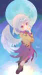  1girl absurdres artist_name black_shoes black_socks bow bowtie brooch brown_jacket chinese_commentary commentary_request feathered_wings from_behind full_body full_moon hair_between_eyes hand_on_own_face hand_up highres jacket jewelry kishin_sagume loafers long_sleeves looking_at_viewer misakiii moon purple_skirt red_bow red_bowtie red_eyes shoes short_hair single_wing skirt sky socks solo standing star_(sky) starry_sky touhou turning_head white_hair white_wings wings 
