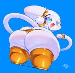 2026 ambiguous_gender anthro big_butt bikini blue_background bracelet butt chibi clothing felid feline gesture gold_(metal) gold_accessory gold_bikini gold_bracelet gold_jewelry gold_tail_ring gold_thigh_highs golden_week hi_res huge_butt jewelry keyhat_tk10 looking_at_viewer looking_back looking_back_at_viewer mammal simple_background solo sparkles swimwear tail thick_thighs tiril two-piece_swimsuit wide_hips