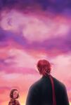  1boy 1girl brown_hair closed_eyes cloud commentary_request dusk female_saniwa_(touken_ranbu) highres japanese_clothes leaf_print long_hair looking_at_another maple_leaf_print ponytail purple_sky red_hair saniwa_(touken_ranbu) short_hair sky star_(sky) tachibana_kuniei tonbokiri_(touken_ranbu) touken_ranbu 
