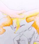 2018 ^_^ ambiguous_anthro ambiguous_gender ambiguous_human anthro biped blush braixen bust_portrait canid closed_smile colored_pencil_(artwork) duo eiroru emanata eyes_closed front_view generation_6_pokemon graphite_(artwork) hands_together headpat hi_res human japanese_description mammal mouth_closed nintendo pokemon pokemon_(species) portrait simple_background smile solo_focus standing three-quarter_view traditional_media_(artwork) translated_description