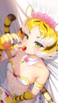  1girl absurdres animal_ears animal_hands blonde_hair blush bra breasts cake claws cream detached_collar eating flower flower_on_head food fruit fur-trimmed_bra fur_trim green_eyes head_wreath highres looking_at_viewer lying midriff miniskirt navel on_back pink_flower pink_rose revealing_clothes rose short_hair skirt small_breasts solo strapless strapless_bra strawberry tail taimanin_(series) taimanin_rpgx tiger_ears tiger_girl tiger_tail torajiro_(taimanin_series) underwear white_bra white_skirt zol 