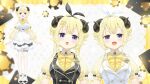  1girl animal_ears apron blonde_hair bow bowtie commentary_request double_bun dress fishnet_pantyhose fishnets frilled_dress frills full_body fuumi_(radial_engine) hair_bun hair_ornament hairband hairclip highres hololive horns long_hair looking_at_viewer multiple_views official_art pantyhose puffy_short_sleeves puffy_sleeves purple_eyes second-party_source sheep_ears sheep_girl sheep_horns shirt shoes short_dress short_hair short_sleeves single_leg_pantyhose tsunomaki_watame very_long_hair virtual_youtuber white_apron white_dress white_hairband white_shoes white_wrist_cuffs wrist_cuffs x_hair_ornament yellow_bow yellow_bowtie yellow_shirt 