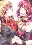  :d asymmetrical_docking bare_shoulders blonde_hair breast_press breasts chain choker eyelashes flat_chest heart hecatia_lapislazuli hemogurobin_a1c interlocked_fingers junko_(touhou) long_hair long_sleeves looking_at_viewer multiple_girls open_mouth polos_crown red_eyes red_hair ribbon simple_background smile teeth touhou upper_body white_background wrist_cuffs 