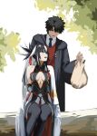  1boy 1girl bare_shoulders black_hair black_robe black_shirt black_skirt black_thighhighs blue_eyes breasts center_opening detached_sleeves facial_mark fate/grand_order fate_(series) forehead_mark fujimaru_ritsuka_(male) fujimaru_ritsuka_(male)_(mage's_association_uniform) gold_trim green_eyes hair_between_eyes halterneck high_ponytail highres hooded_robe layered_skirt long_hair long_sleeves medium_breasts multicolored_hair nagao_kagetora_(fate) open_mouth paperpillar ponytail red_sweater robe shirt short_hair sidelocks skirt smile sweater thighhighs thighs two-tone_hair uesugi_kenshin_(third_ascension)_(fate) very_long_hair white_hair white_skirt wide_sleeves 