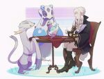  1boy ascot bakemeats black_gloves black_jacket chair closed_mouth code:realize commentary crossover cup english_commentary froslass gloves holding holding_cup jacket male_focus mienfoo open_mouth pokemon polteageist saint_germain_(code:realize) short_hair_with_long_locks sidelocks signature sitting smile tabble white_ascot 