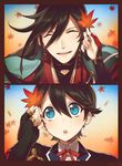  ^_^ autumn_leaves black_hair blue_eyes braid closed_eyes earrings hebino_rai horikawa_kunihiro izumi-no-kami_kanesada jewelry leaf male_focus multiple_boys open_mouth side_braid smile stud_earrings touken_ranbu 