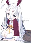  1girl 4rion absurdres animal_ear_hairband animal_ears bow bowtie breasts cleavage detached_collar fake_animal_ears fake_tail fee_drese fishnet_pantyhose fishnets from_side gloves grey_eyes hair_between_eyes hairband highres large_breasts long_hair looking_at_viewer lying muv-luv muv-luv_girls_garden on_stomach open_mouth pantyhose playboy_bunny rabbit_ear_hairband rabbit_ears rabbit_tail solo tail twitter_username white_background white_gloves white_hair yellow_bow yellow_bowtie 