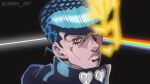  1boy anime_coloring araki_hirohiko_(style) black_background blue_coat blue_hair coat commentary crazy_diamond dark_side_of_the_moon diamond_wa_kudakenai earrings english_commentary from_behind gakuran genda_art hatching_(texture) heart_ornament higashikata_josuke high_collar highres jewelry jojo_no_kimyou_na_bouken looking_at_viewer looking_back male_focus official_style pink_floyd pompadour portrait rainbow school_uniform solo stand_(jojo) stone_ocean stud_earrings twitter_username yellow_eyes 