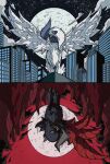  :< absol asymmetrical_horns black_fur blue_horns city claws feathered_wings full_moon hair_over_one_eye highres horns mega_absol mega_absol_z mega_pokemon moon onigiri_debu pokemon pokemon_(creature) pokemon_focus red_sky red_wings single_wing sky white_fur wings 