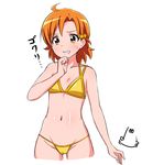  absurdres ahoge ass_visible_through_thighs bikini blush cowboy_shot cropped_legs drooling flat_chest hair_bobbles hair_ornament hand_on_own_chin highres idolmaster idolmaster_million_live! jabara_tornado navel orange_hair short_hair simple_background solo string_bikini sweatdrop swimsuit white_background yabuki_kana yellow_bikini yellow_eyes 