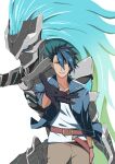  1boy artist_request big_hair black_hair blue_eyes blue_hair blue_jacket blue_streaks bracelet collarbone denim double-parted_bangs earrings eiyuu_densetsu floating_clothes floating_jacket fur-trimmed_jacket fur_collar fur_trim gloves grendel_(eiyuu_densetsu) hair_between_eyes hair_slicked_back highres jacket jewelry kai_no_kiseki kuro_no_kiseki_(series) long_sleeves looking_at_viewer male_focus mask multicolored_hair necklace offering_hand open_clothes open_hand open_jacket outstretched_arm parted_lips pendant projected_inset short_hair single_earring single_glove smile solo streaked_hair tokusatsu upper_body van_arkride 