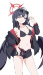 1girl absurdres belly belt bikini bikini_bottom_under_shorts bikini_under_clothes black_bikini black_hair black_jacket black_shorts black_wings blue_archive blue_eyes breasts cleavage collarbone cross_halo eyewear_on_head feathered_wings hair_behind_ear halo hand_up highres ichika_(blue_archive) ichika_(swimsuit)_(blue_archive) jacket jacket_partially_removed long_hair low_wings medium_breasts mili_mli multicolored_hair multicolored_jacket navel o-ring o-ring_bikini o-ring_top official_alternate_costume open_clothes open_fly open_jacket open_shorts panties panty_peek red_belt red_halo red_jacket shorts smile solo spread_fingers streaked_hair sunglasses swept_bangs swimsuit two-sided_fabric two-sided_jacket two-tone_jacket underwear white_background wings 