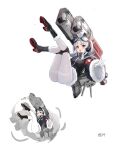  1girl :d absurdres animal_ear_headphones animal_ears animal_print armband azur_lane black_boots black_coat blush boots cat_ear_headphones cat_ears chang_chun_(azur_lane) chinese_commentary coat commentary_request doodle_inset fake_animal_ears floating_hair full_body fur-trimmed_boots fur-trimmed_coat fur-trimmed_sleeves fur_trim gloves grey_hair headphones highres invisible_chair knee_pads knees_together_feet_apart legs long_hair long_sleeves looking_at_viewer open_mouth outstretched_hand pantyhose parted_bangs rabbit_print red_armband red_eyes shimotsuki_mizuha sitting smile solo teeth thighband_pantyhose thighs upper_teeth_only weapon white_gloves white_pantyhose wide_sleeves 